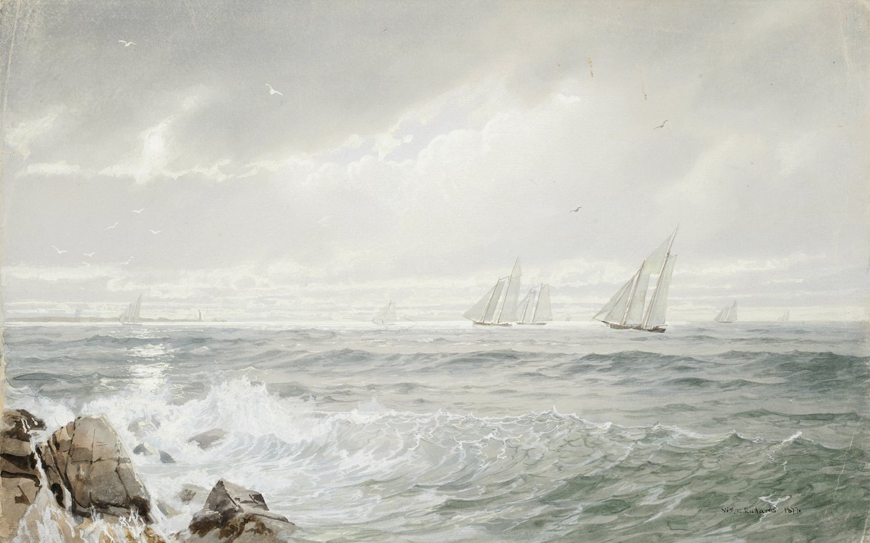 Yachts Off Newport, 1877 (toaleta i gwasz na papierze płowożółtym) autorstwa William Trost Richards