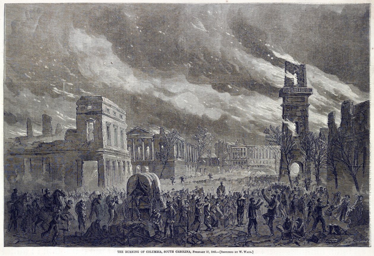 The Burning of Columbia, South Carolina, 17 lutego 1865, wyd. 1865 autorstwa William Waud