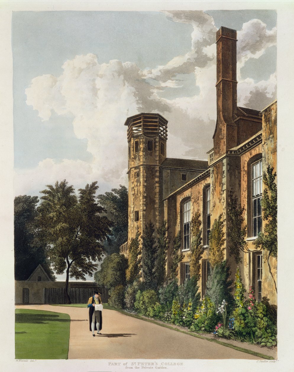 Część Kolegium św. Piotra (Peterhouse) z Private Garden, Cambridge, z „Historii Cambridge”, ryty przez Josepha Constantine