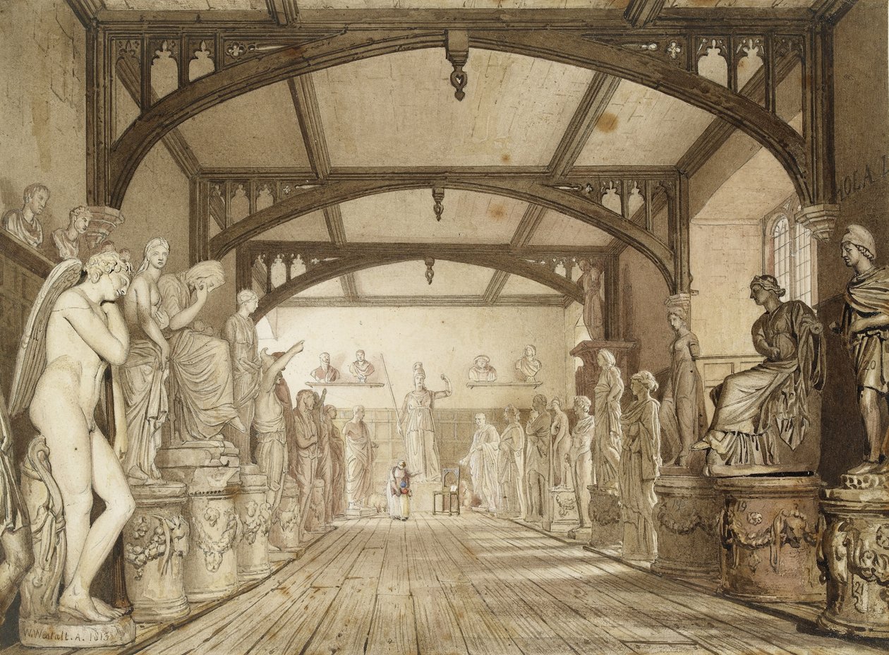 The Sculpture Gallery in the Examination Schools, Oxford, 1813 (Pióro i brązowy tusz oraz akwarele nad oznaczeniami grafitowymi) autorstwa William Westall