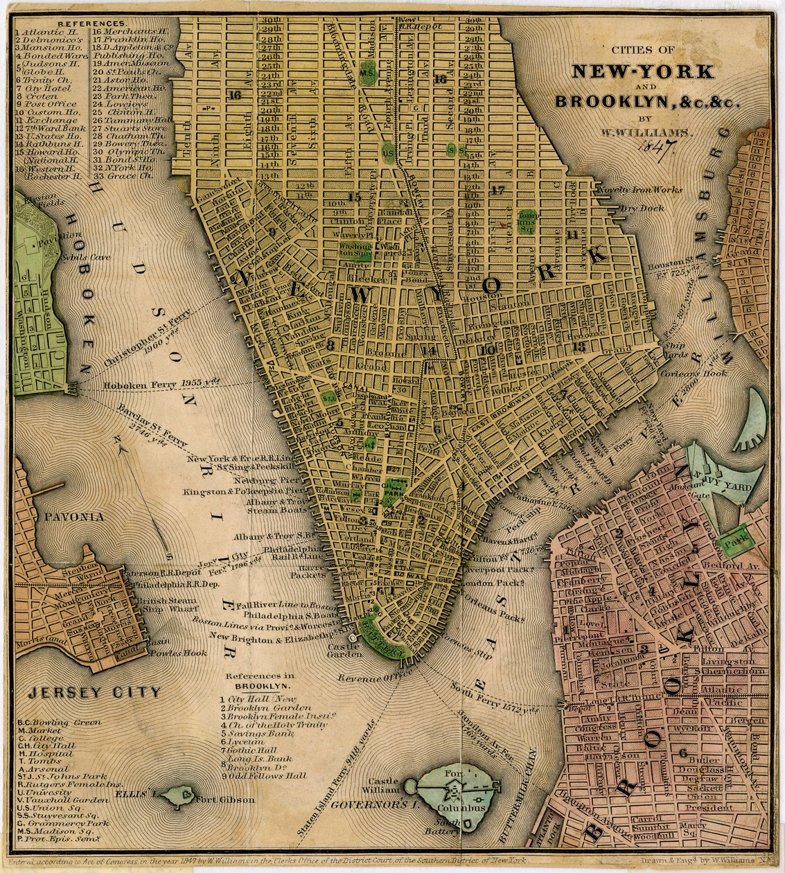 Cities of New-York and Brooklyn, undc. undc., 1847 (tusz czarny i kolorowy na papierze, podklejony papierem) autorstwa William Williams