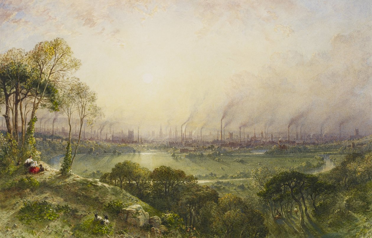 Manchester z Kersal Moor, z rustykalnymi figurami i kozami autorstwa William Wyld