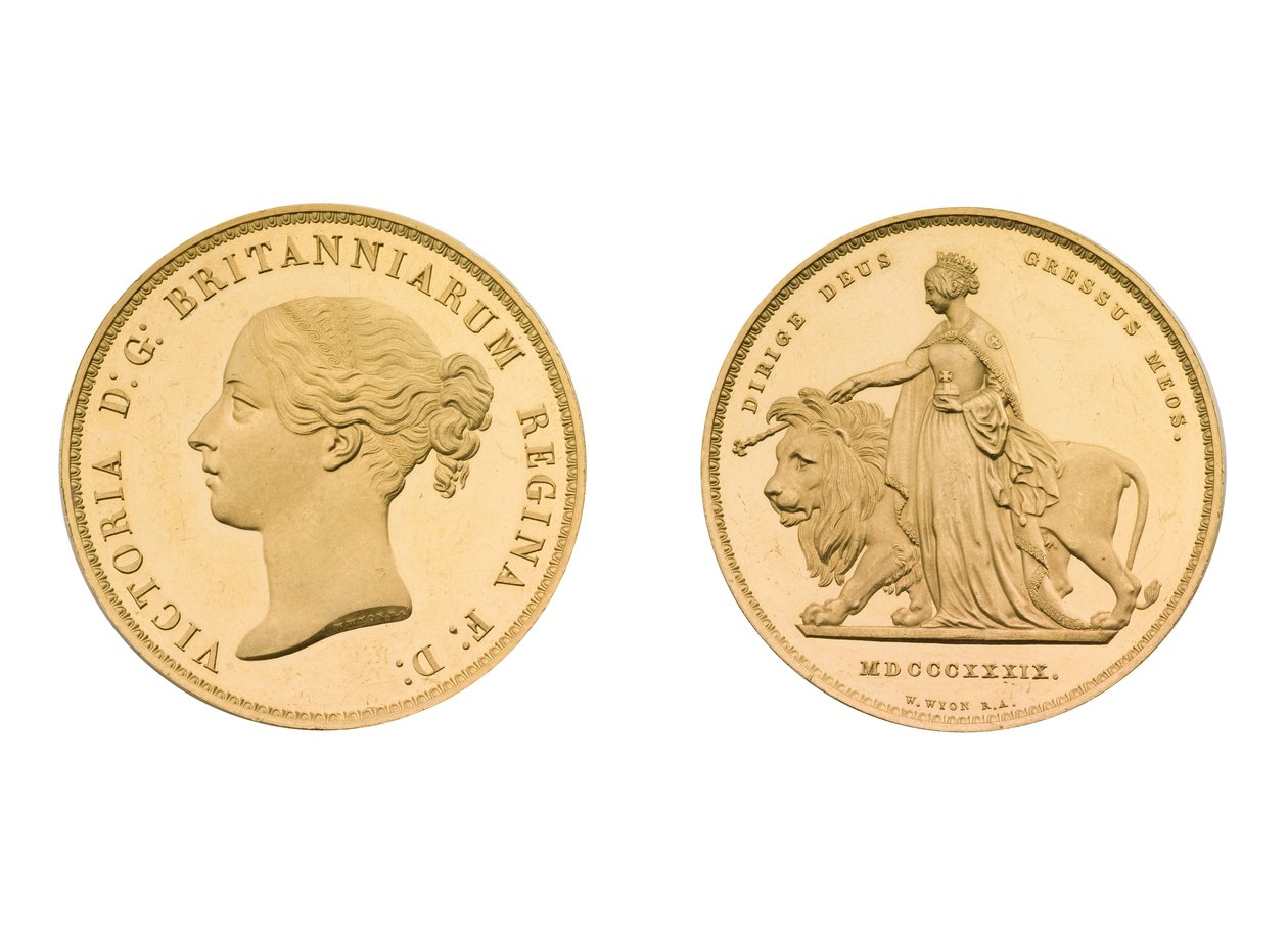 Una i lew wzór 5 £, 1839 (złoty) autorstwa William Wyon