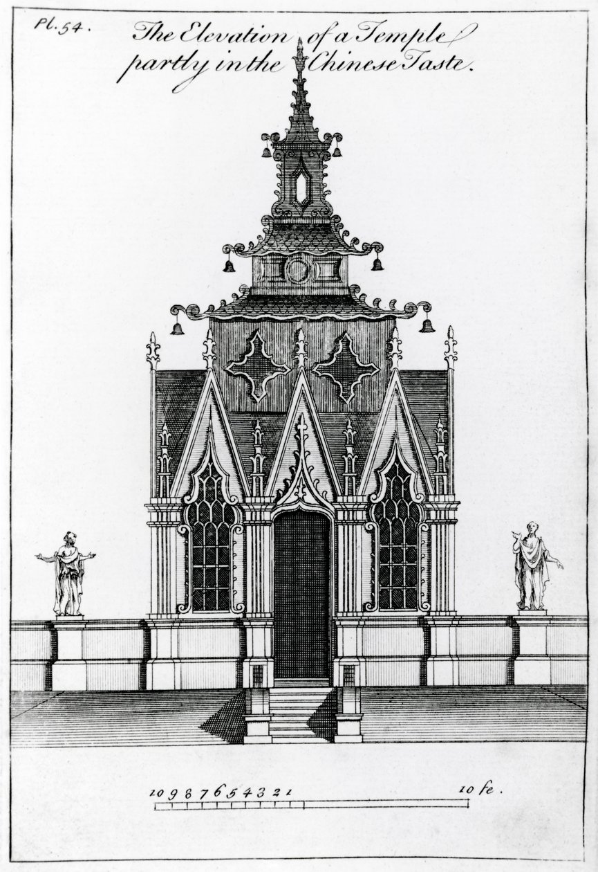 Elewacja świątyni częściowo w chińskim smaku, z New Designs for Chinese Temples, opublikowana w latach 1750-52 autorstwa William after Halfpenny