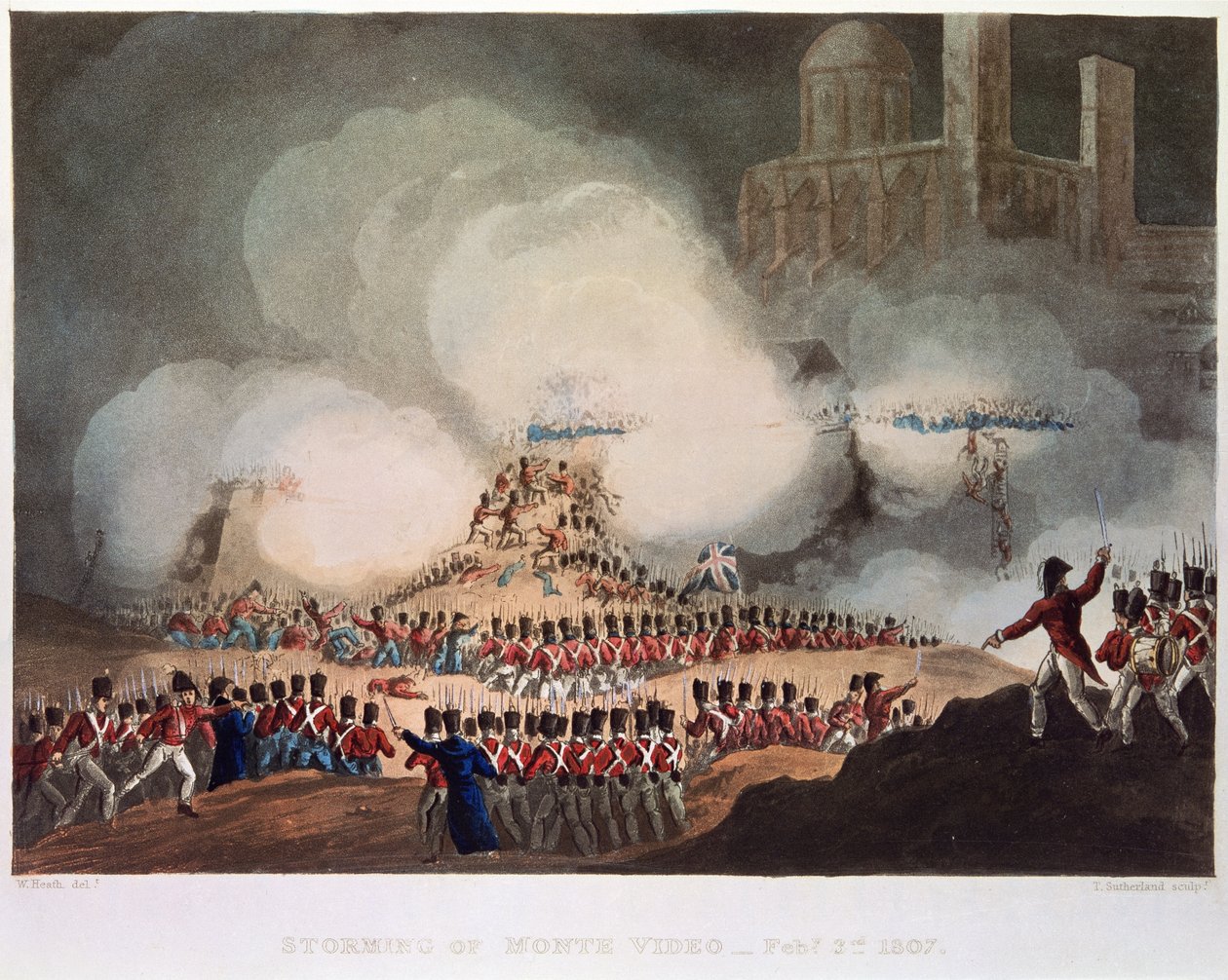 Szturm na Monte Video, 3 lutego 1807, ryty przez Thomasa Sutherlanda (bc.1785) autorstwa William after Heath