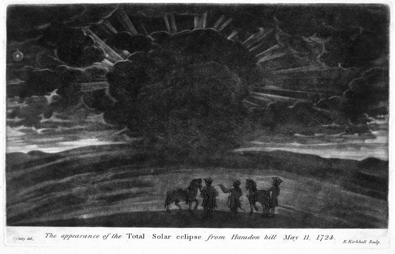 Wygląd Całkowitego Zaćmienia Słońca ze wzgórza Haradon, 11 maja 1724, grawerowane przez E. Kirkhalla (mezzotinta) autorstwa William after Stukeley