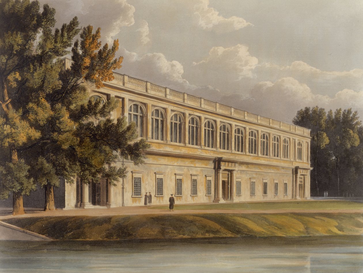 Zewnątrz Biblioteki Trójcy Świętej z St. Johns Gardens, Cambridge, z Historii Cambridge, ryty: Joseph Constantine Stadler (fl.1780-1812), wyd. R. Ackermann, 1815 (akwatinta kolorowa) autorstwa William after Westall
