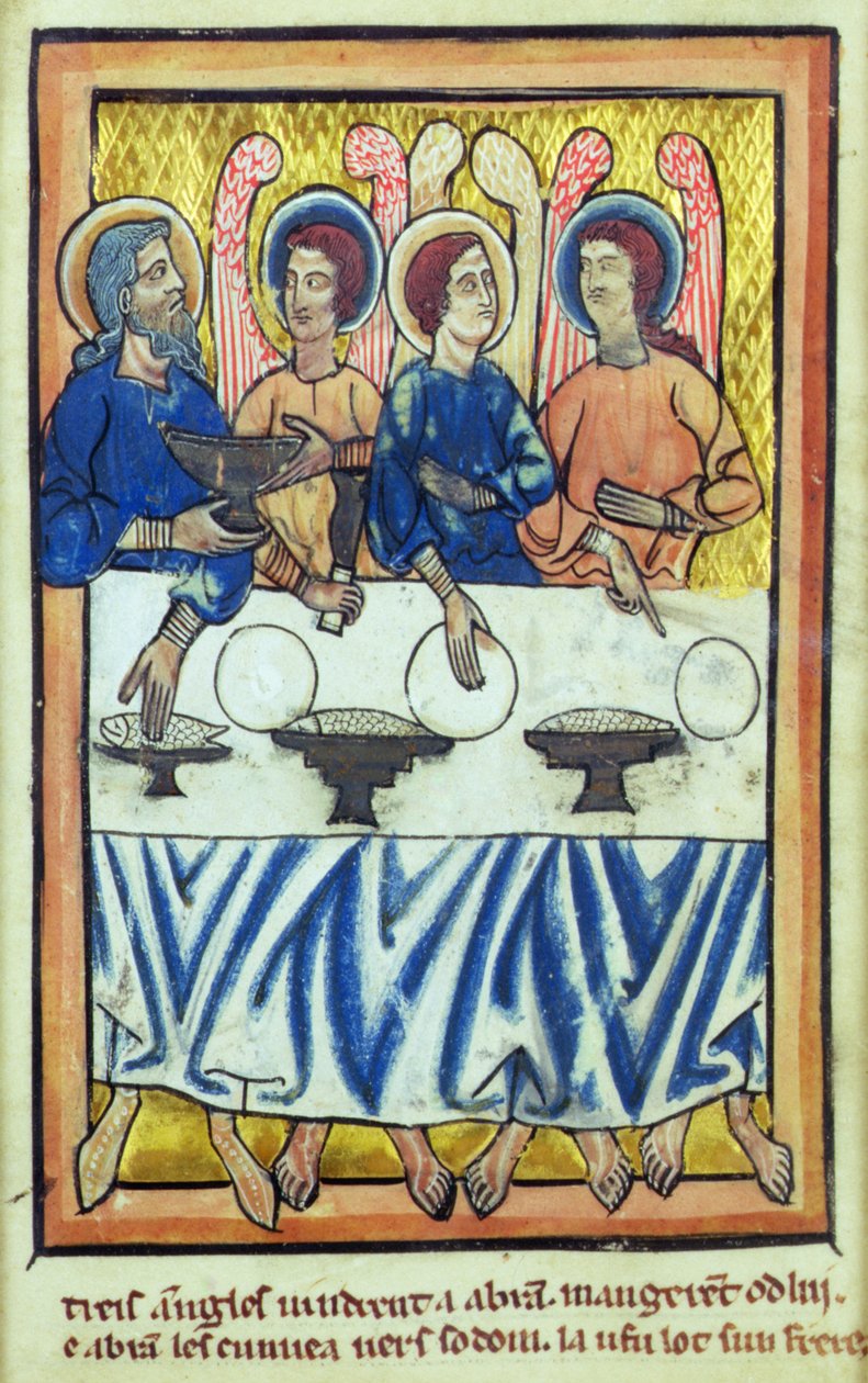 Abraham i trzej aniołowie, z księgi obrazów biblijnych, ok. 1250 autorstwa William de Brailes  