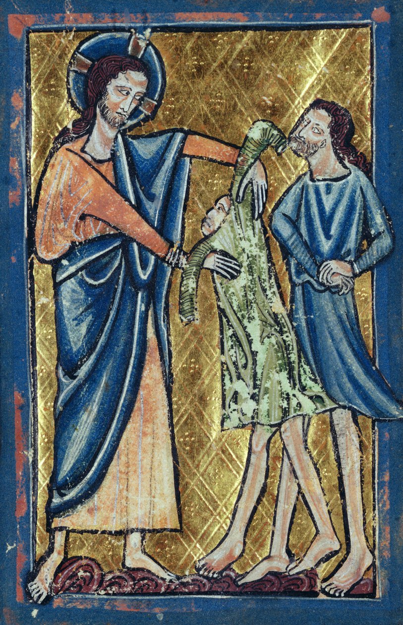 Bóg Odzie Adama i Ewę, z księgi Obrazów biblijnych, ok. 1250 autorstwa William de Brailes  