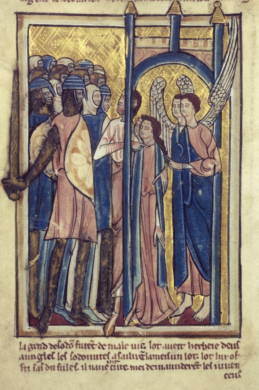 Lot ofiarowujący swoje córki mieszkańcom Sodomy, z księgi Obrazów biblijnych, ok. 1250 autorstwa William de Brailes  