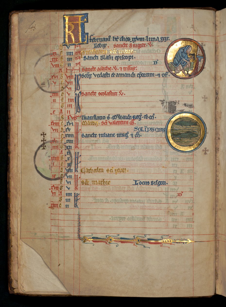 Ms 322 f.1v, luty, mężczyzna zdejmujący but przy ogniu, ilustracja z „De Brailes Psałterz”, c.1250 autorstwa William de Brailes  