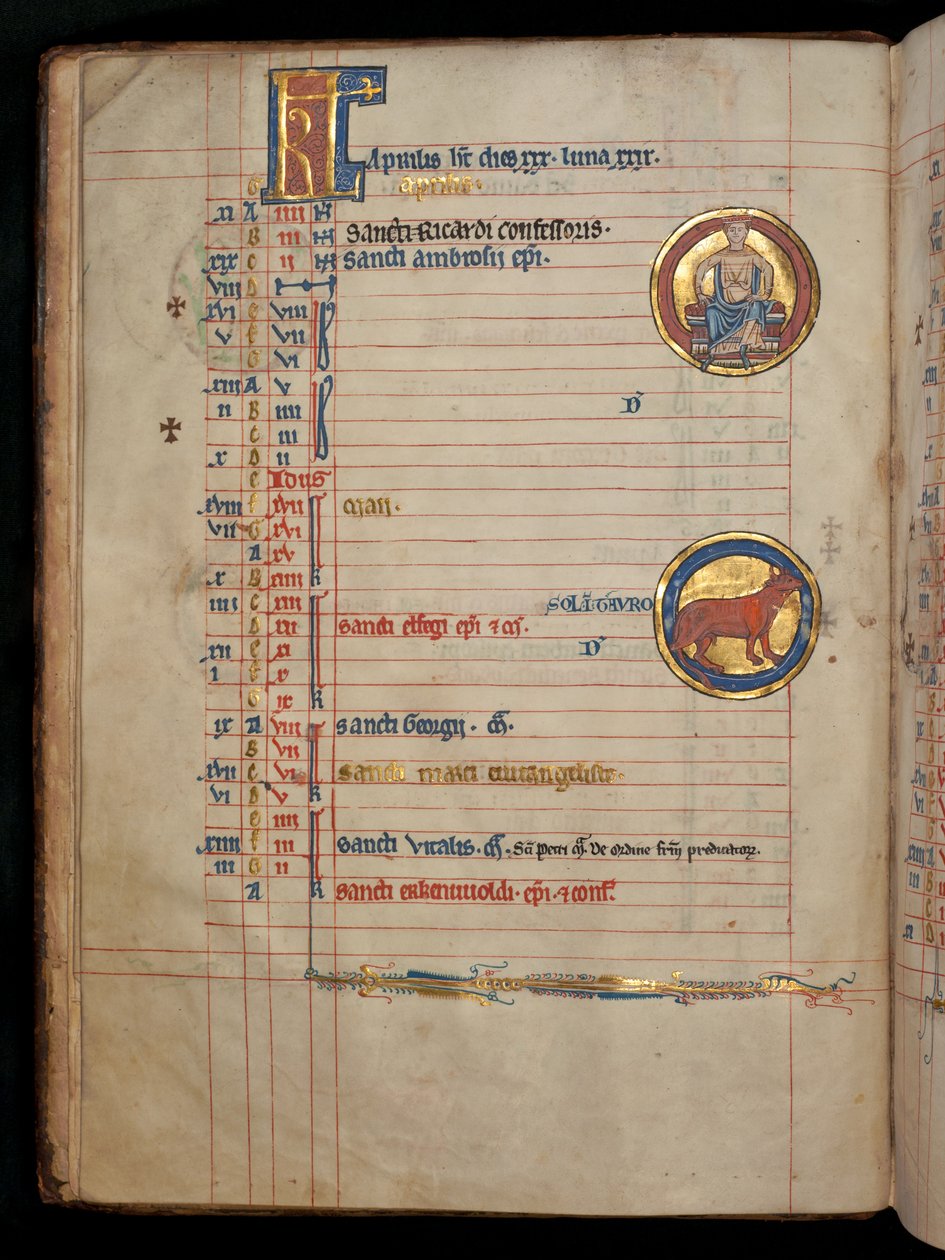 Ms 322 f.2v, kwiecień, siedzący mężczyzna trzymający dwa kwiaty, ilustracja z „De Brailes Psałterz”, c.1250 autorstwa William de Brailes  