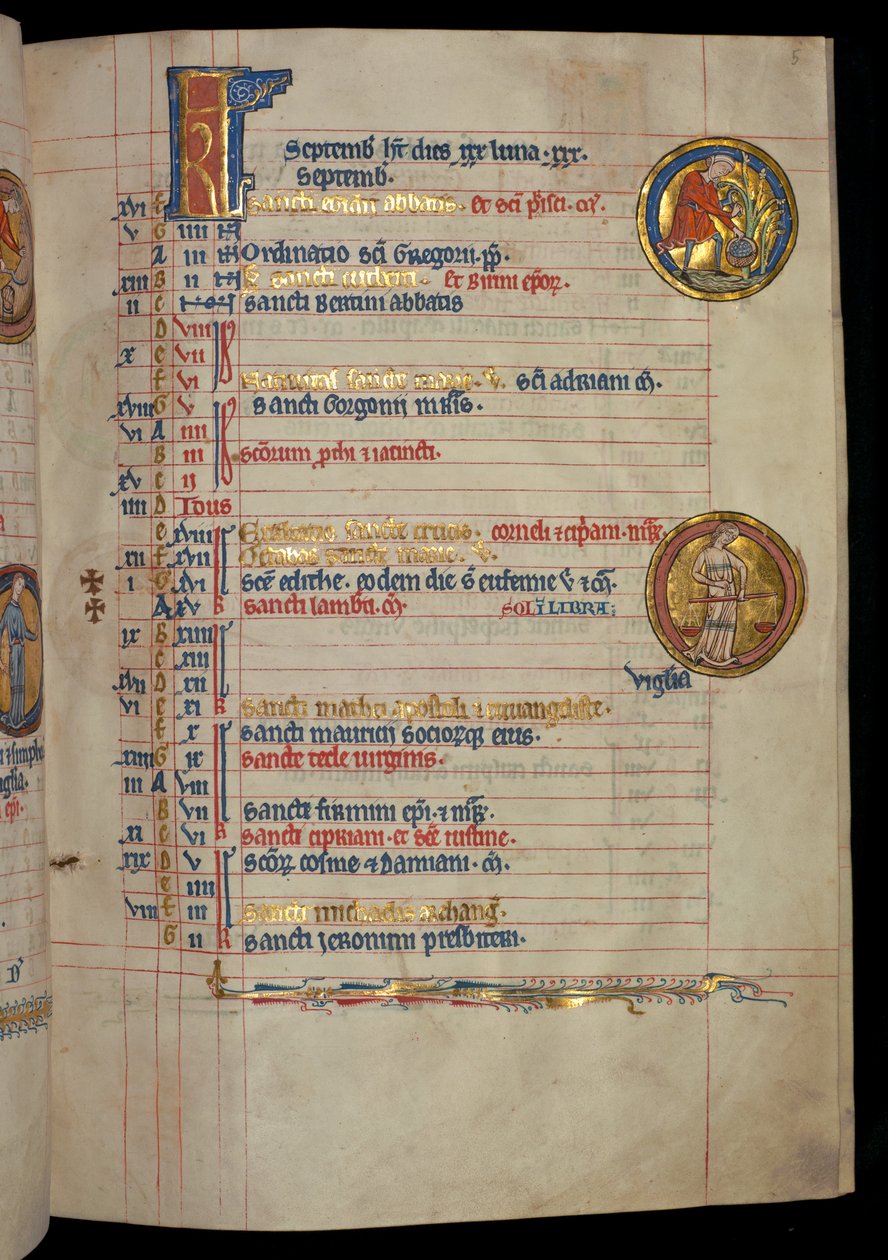 Ms 322 f.5r, wrzesień, mężczyzna zbierający owoce, ilustracja z „De Brailes Psałterz”, c.1250 autorstwa William de Brailes  