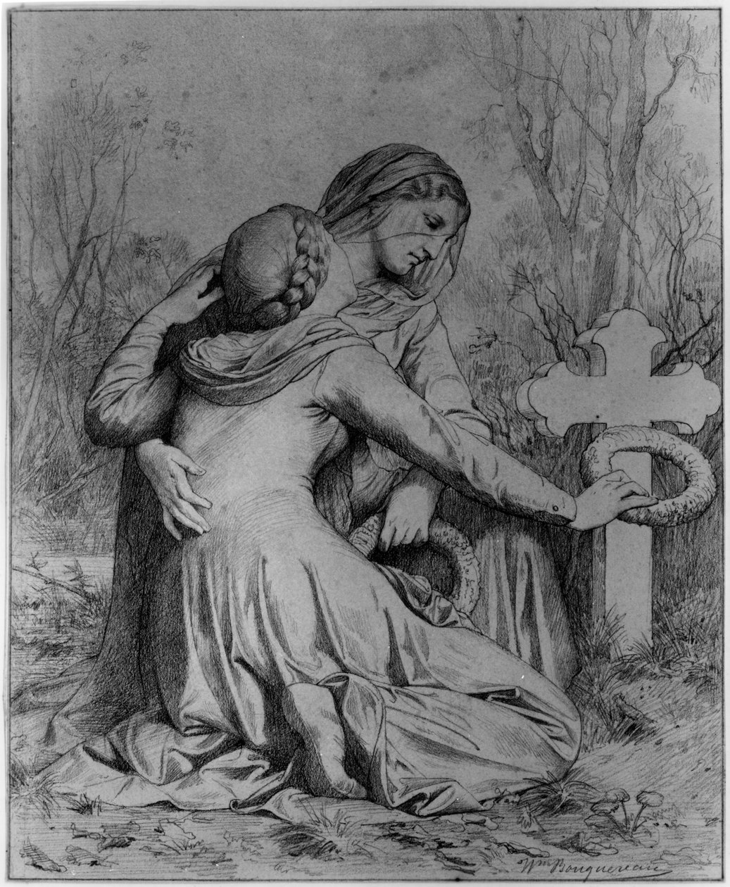 Pogrążone w żałobie kobiety klęczące przy grobie autorstwa William-Adolphe Bouguereau