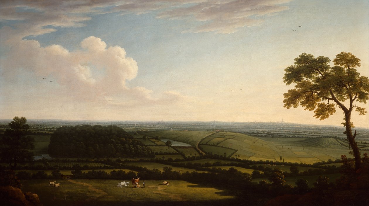 Rozległy zalesiony krajobraz z odległym widokiem na miasto (ropa naftowa) autorstwa Joseph Mallord William Turner