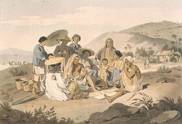 A Group of Cochin Chinese, płyta 14 z „Podróży do Cochinchina” Johna Barrowa (1764-1848) rytowana przez Thomasa Medlanda (1755-1823) 1806 (akwatinta) autorstwa William (after) Alexander