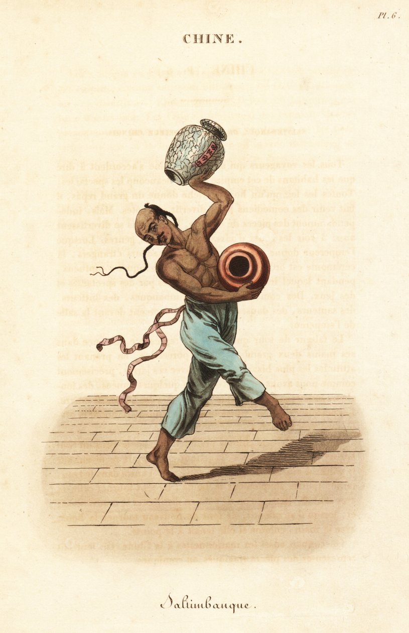 Chiński żongler tańczący i żonglujący dwoma dużymi wazami. autorstwa William (after) Alexander