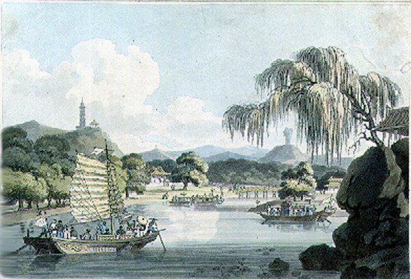 Widok we wschodniej części Parku Cesarskiego w Gehol, tablica 4 z „Podróże po Chinach” Johna Barrowa, ryt. Thomas Medland (1755-1823) 1804 (akwatinta) autorstwa William (after) Alexander