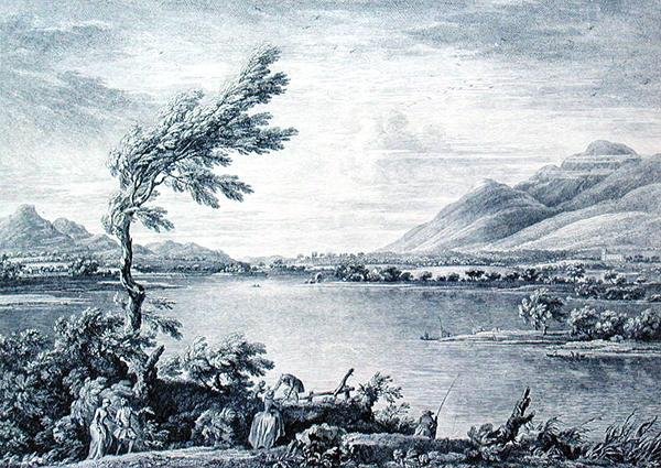 Widok Derwentwater z Wyspy Wikariuszy w kierunku Skiddaw, ryty przez Chatelina i Grigniona (grafika) autorstwa William (after) Bellers
