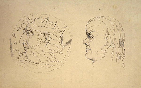Awers monety Nabuchodonozora i głowy Raka, z „Traktatu o fizjonomii zodiakalnej” J. Varleya, rytowany przez Johna Linell autorstwa William (after) Blake