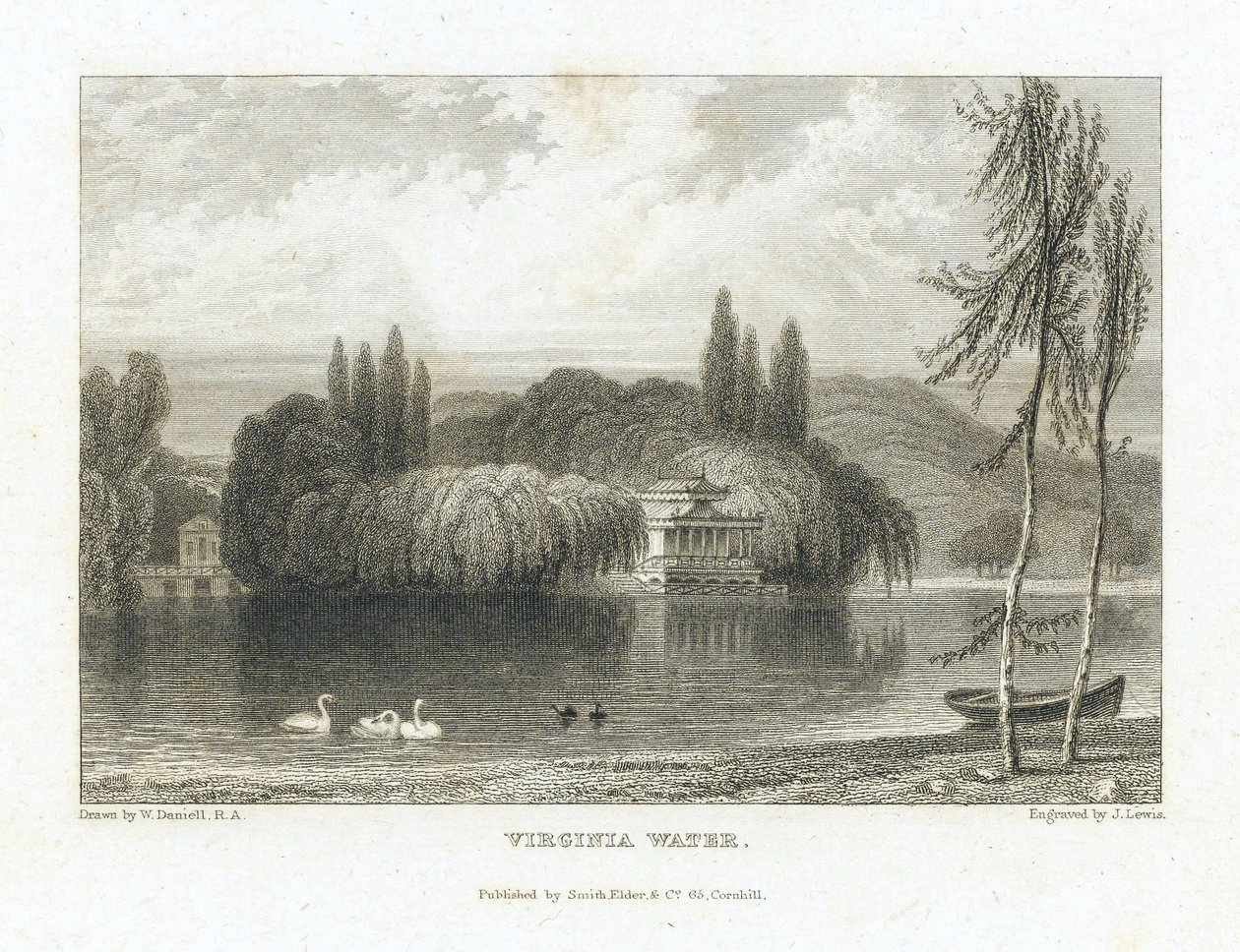Virginia Water, jezioro Surrey (Anglia), niedaleko Windsoru, widok na chiński pawilon otoczony drzewami na wyspie pośrodku jeziora. Rycina autorstwa J. Lewisa według Williama Daniella (1769-1837). autorstwa William (after) Daniell