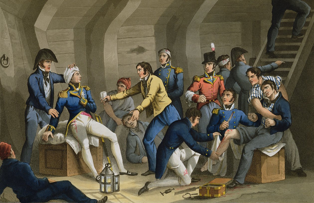 The Cockpit, Battle of the Nile, przedstawiający Nelsona rannego w bitwie, ryt. Matthew Dubourg (fl.1813-20) z „Historic, Military and Naval Anegdotes”, wyd. przez Edwarda Orme (1774-c.1820) 1817 (akwatinta) autorstwa William (after) Heath