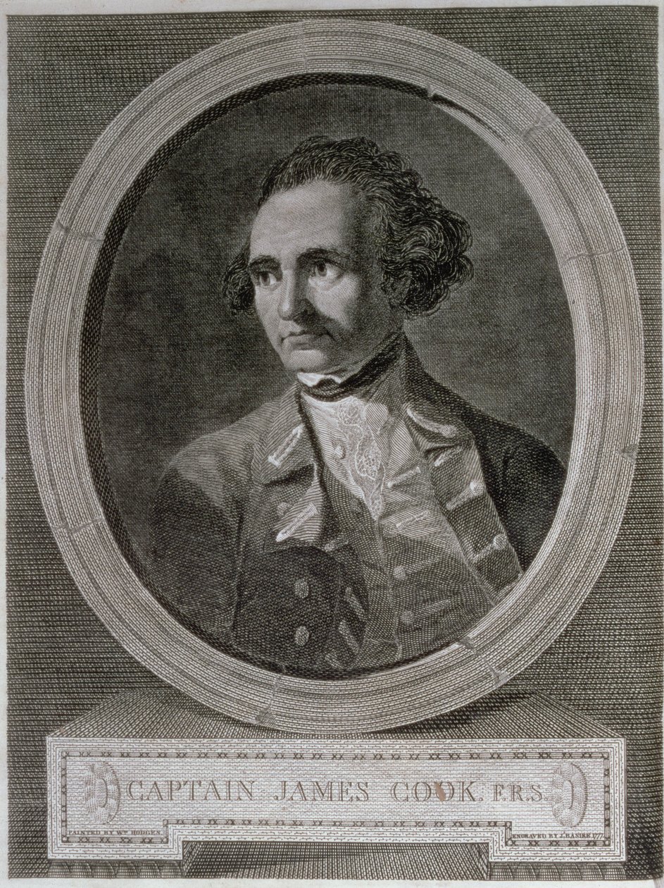 Portret kapitana Jamesa Cooka (1728-79), z frontyspisu „Podróży dookoła świata na biegun południowy” (rycina) autorstwa William (after) Hodges