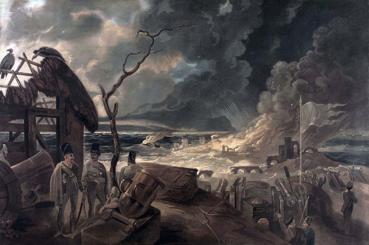 Konsekwencje wojny, scena z żołnierzami i armatami. Kolorowy wydruk na podstawie obrazu Williama Hodgesa (1744-1797). autorstwa William (after) Hodges
