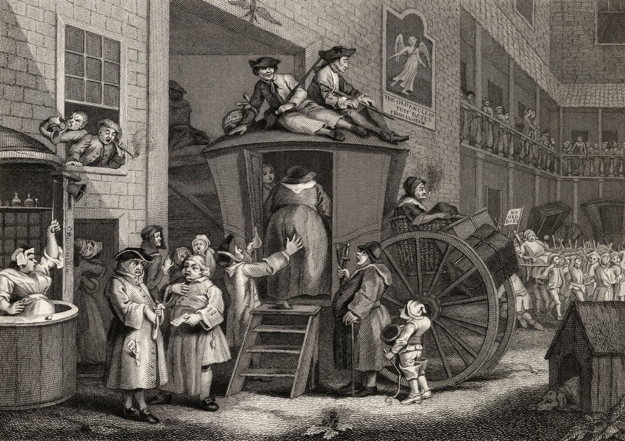 Country Inn Yard, ryty: Timothy Engleheart (1803-79) z „Dzieła Hogartha”, wydane w 1833 r. (lito) autorstwa William (after) Hogarth