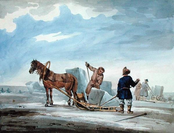 Transport lodu saniami konnymi, z „Podróży z Moskwy do Konstantynopola w latach” autorstwa William (after) MacMichael