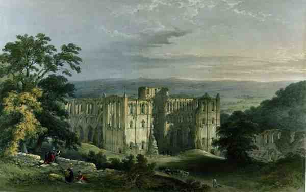 Opactwo Rievaulx w dolinie Rye, z „The Monastic Ruins of Yorkshire”, grawerowane przez George