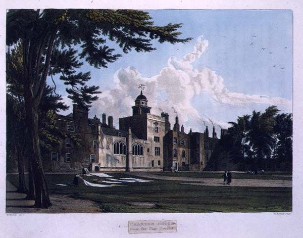 Charter House z placu zabaw, z „History of Charter House School”, część „History of the Colleges”, grawerowana przez Williama Jamesa Bennetta (1787-1844) wyd. przez R. Ackermanna autorstwa William (after) Westall