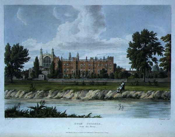 Eton College od rzeki, z „Historii Eton College”, część „Historii kolegiów”, sztychowany przez Josepha Constantine