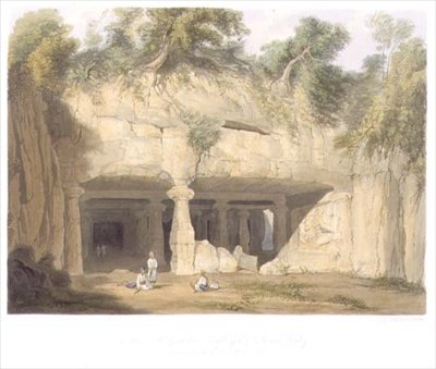 Zewnętrzna część Wielkiej Świątyni Jaskiniowej Elephanta, niedaleko Bombaju, w 1803 r., z tomu II „Sceneria, kostiumy i architektura Indii”, grawerowana przez S.G. Hughesa, wyd. autorstwa Smith, Elder and Company autorstwa William (after) Westall