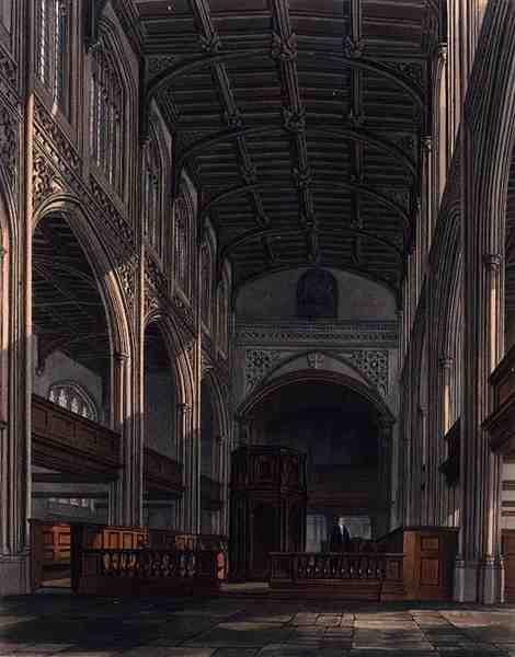 Wnętrze kościoła Mariackiego, Cambridge, z „Historii Cambridge”, ryt. Joseph Constantine Stadler (fl.1780-1812), wyd. przez R. Ackermanna autorstwa William (after) Westall