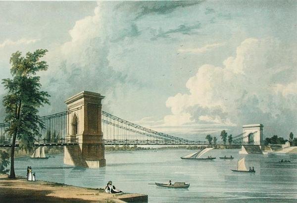 Most wiszący, Hammersmith, z „Mikrokosmosu Londynu” Ackermanna, grawerowane przez J. Baily autorstwa William (after) Westall