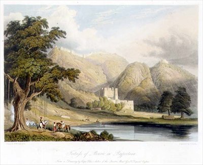 Forteca Bowrie w Rajpootanie, narysowana przez kapitana Charlesa Aubera z Departamentu Generalnego Kwartału na Cejlonie, z tomu I „Sceneria, kostiumy i architektura”, rycina Charles Bentley (1806-54) wyd. autorstwa Smith, Elder and Company autorstwa William (after) Westall