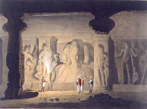 Wielka triada w jaskiniowej świątyni Elephanta, niedaleko Bombaju, w 1803 r., z tomu II „Sceneria, kostiumy i architektura Indii”, rycina T. Edge, wyd. autorstwa Smith, Elder and Company autorstwa William (after) Westall