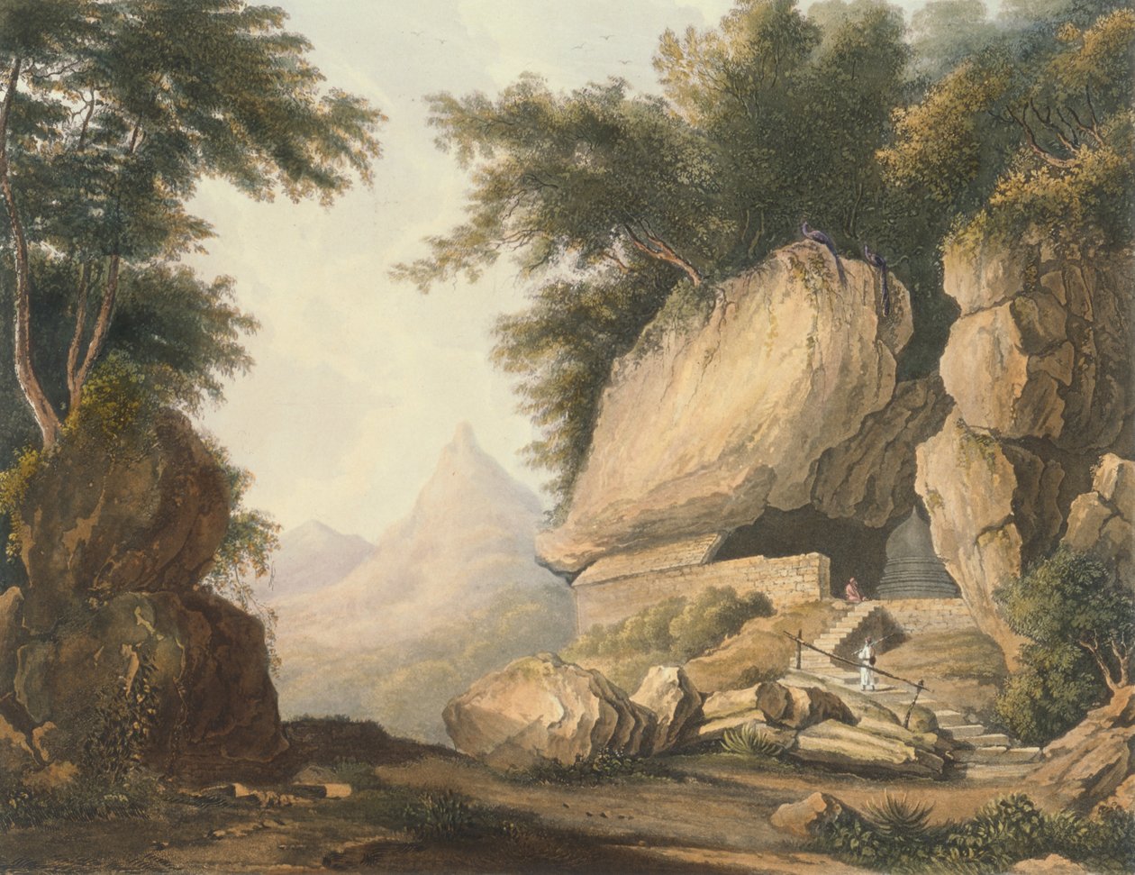 Pustelnia w Kurrungalle na Cejlonie, z rysunku kapitana Charlesa Aubera z Departamentu Kwatermistrza Generalnego, grawerowanego przez R.G. Reeve (fl.1811-37) wyd. autorstwa Smith, Elder and Company (lito) autorstwa William (after) Westall