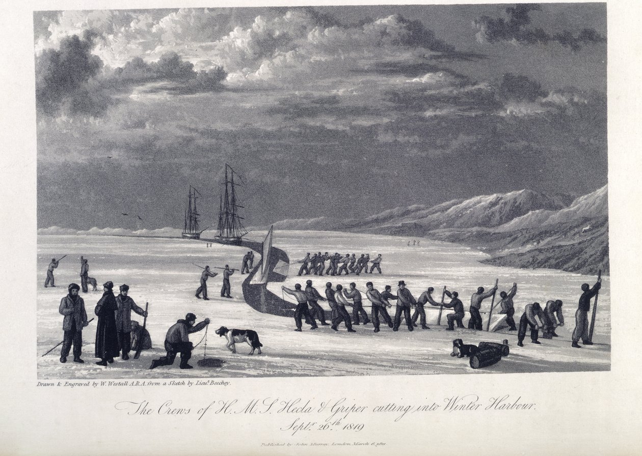 Załoga H.M.S. Hecla i Griper wpadają do zimowego portu, 26 września 1819, ilustracja z „Journal of a Voyage for the Discovery of North-West Passage z Atlantyku na Pacyfik…” autorstwa William (after) Westall