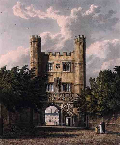 Trinity Gate, Cambridge, z „Historii Cambridge”, ryt. Joseph Constantine Stadler (fl.1780-1812), wyd. przez R. Ackermanna autorstwa William (after) Westall