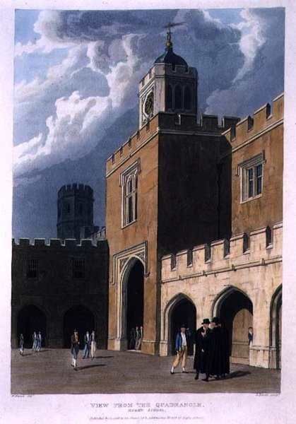 Vaizdas iš keturkampio, regbio mokyklos, iš „Regbio mokyklos istorijos“, „Kolegijų istorijos“ dalies, išgraviruotas Danielio Havelo (1785–1826) pub. pateikė R. Ackermannpoli autorstwa William (after) Westall