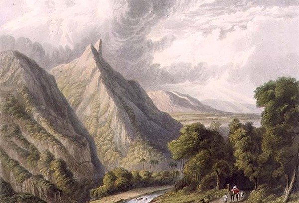 Widok w Bore Ghaut, wygrawerowany przez T. Fieldinga i pokolorowany przez J.B. Hogarth autorstwa William (after) Westall