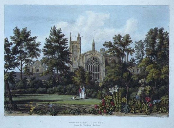 Winchester College z Ogrodu Wardena, z „Historii Winchester College”, część „Historii kolegiów”, ryciny przez Josepha Constantine