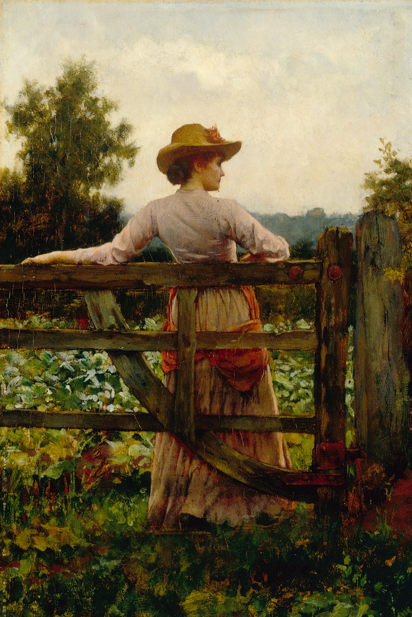 Trysting Place, Kobieta oparta o bramę (olej na panelu) autorstwa William A. Breakspeare