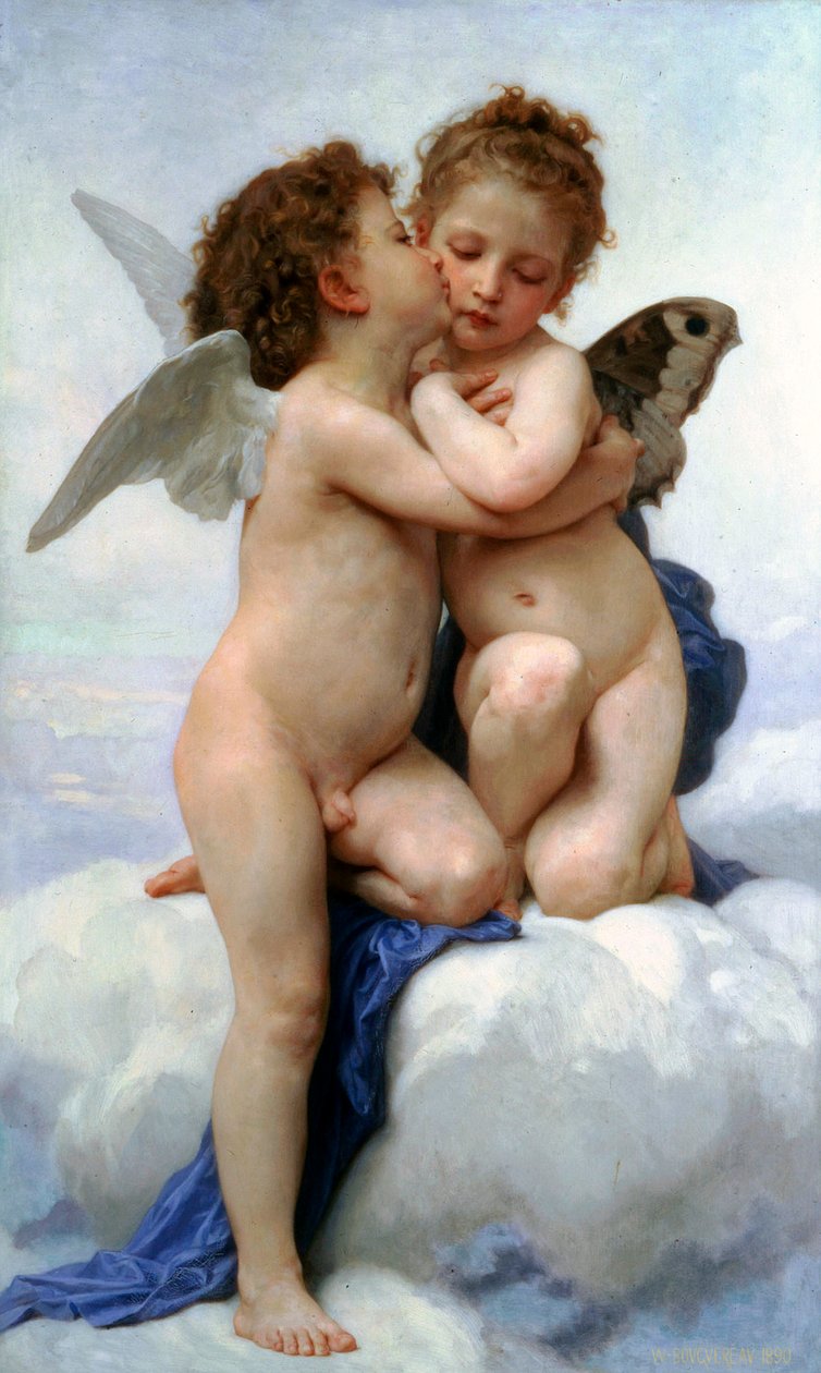 Kupidyn i Psyche jako dzieci, pierwszy pocałunek, 1890. autorstwa William Adolphe Bouguereau