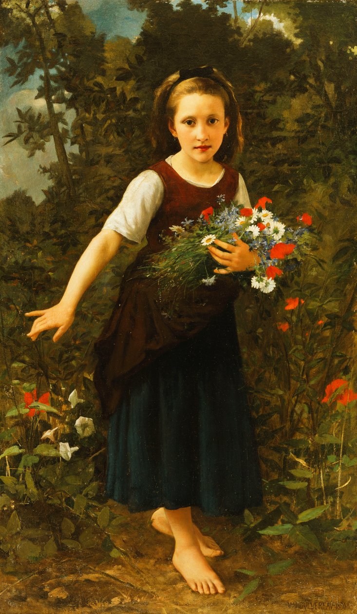 Mała dziewczynka nad potokiem trzymająca snop kwiatów, 1886 autorstwa William Adolphe Bouguereau