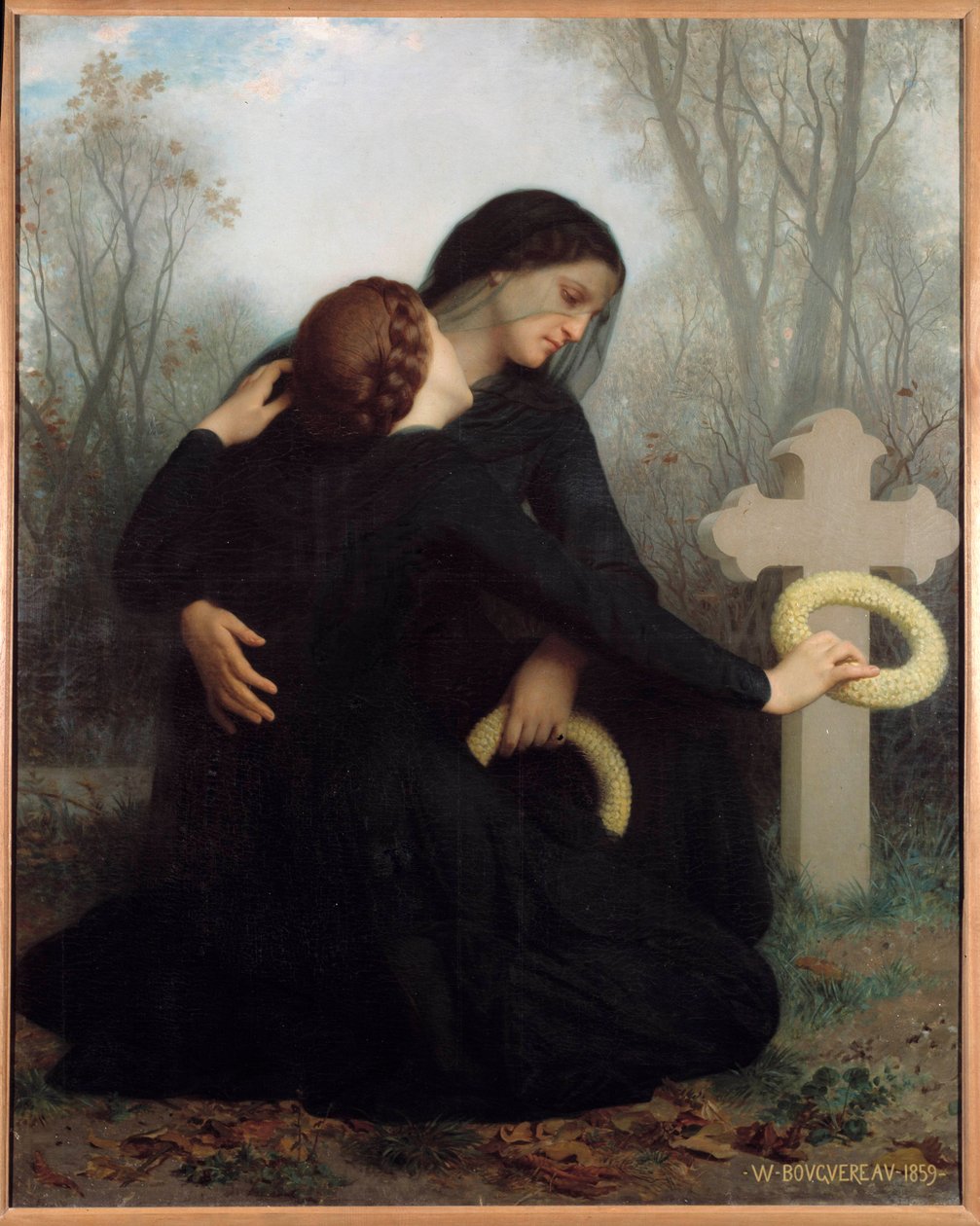 Dzień zmarłych Matka i córka przed grobem zmarłego ojca i męża (?). Obraz Williama Adolphe