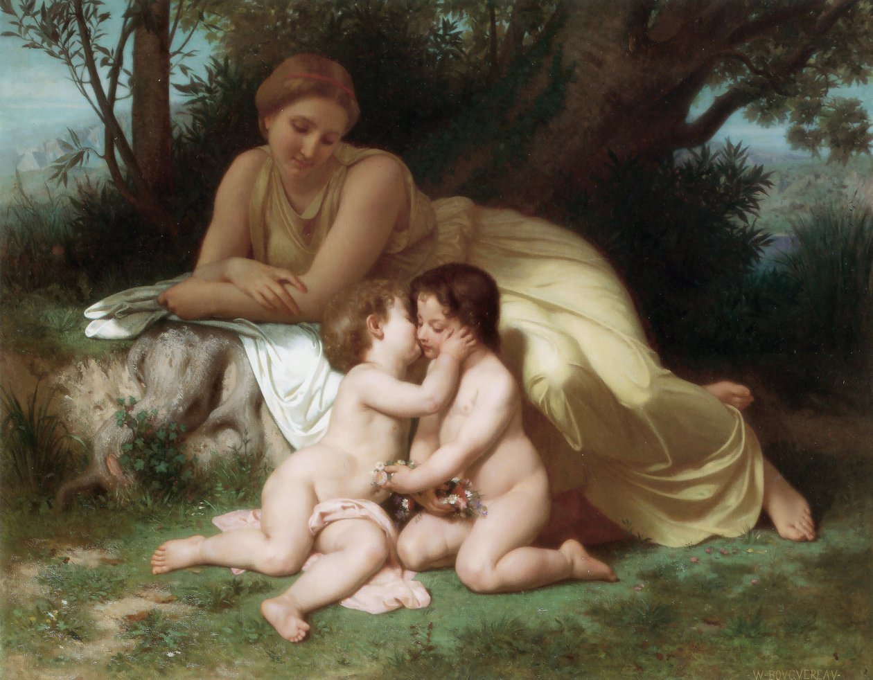 Młoda kobieta kontemplująca dwoje obejmujących się dzieci autorstwa William Adolphe Bouguereau