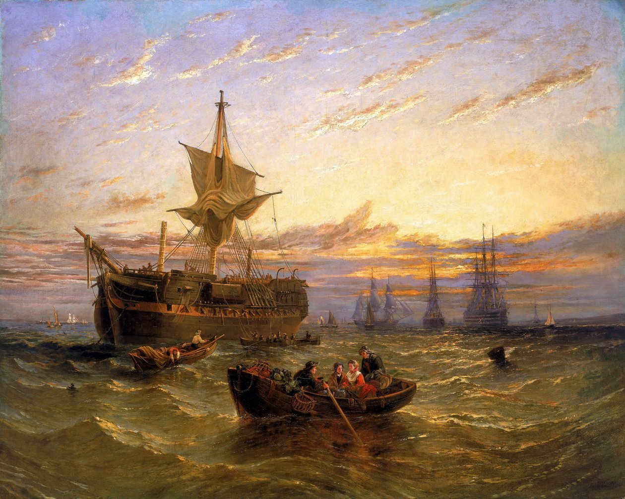 Brytyjski wschodnioindyjski statek handlowy na Tamizie (Anglia). Olej na płótnie autorstwa Williama Adolphusa Knella (1802-1875). autorstwa William Adolphus Knell